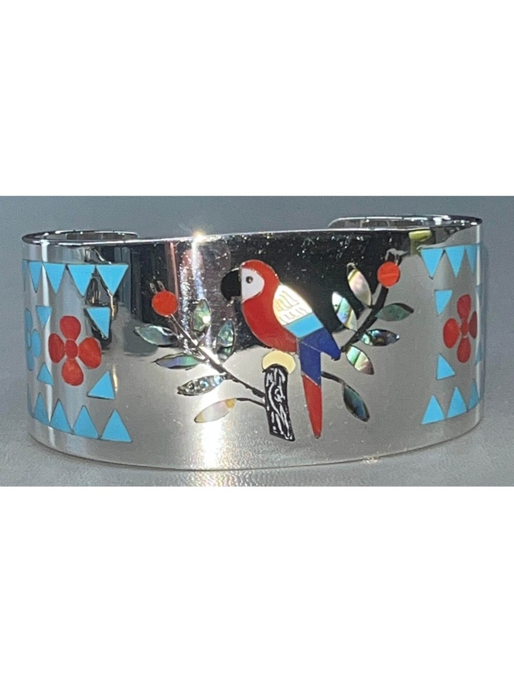 Zuni exquisite sterling silver inlay turquoise coral lapis parrot bird inlay